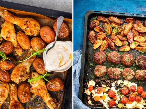 Två ugnsplåtar med mat för en härlig fredagsmiddag i ugn: kycklingklubbor med potatis och köttbullar med rostade grönsaker och fetaost.