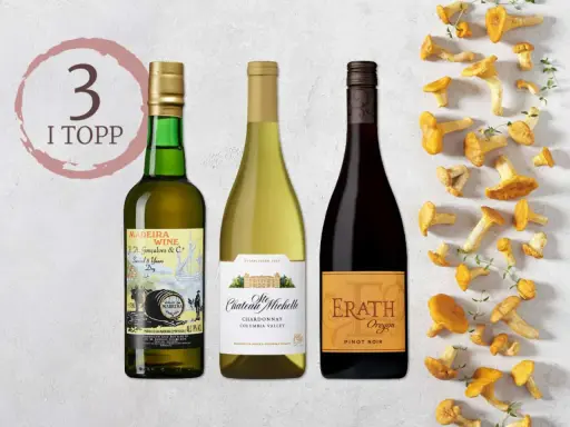 Tre flaskor vin, en Madeira, en Chardonnay och en Pinot Noir, passar perfekt till kantarelltoast.