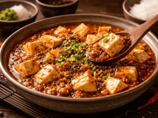En skål med mapo tofu, en kryddig sichuansk rätt med tofu och köttfärs, garnerad med salladslök. En träsked lyfter upp en bit tofu.