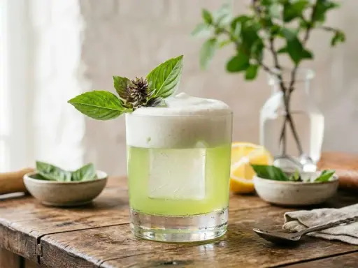 En uppfriskande thai basil drink med skummig topp, garnerad med färska basilika. En perfekt sommardrink.