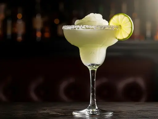 En frostig frozen margarita med saltkant och limeklyfta, perfekt för en varm sommardag.