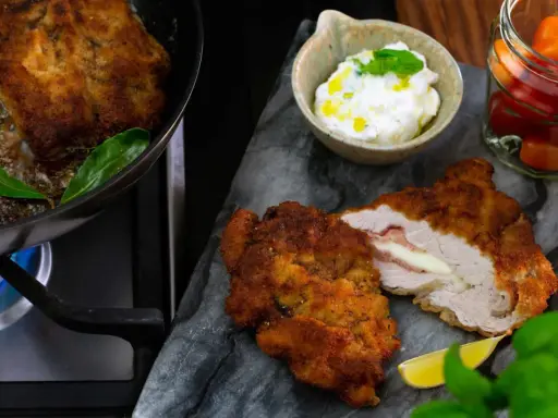 Krispig schnitzel med ost och skinka, serverad med en krämig sås till schnitzel, citron och körsbärstomater.
