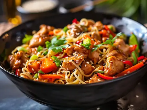 En läcker kyckling wok med nudlar, grönsaker och sesamfrön i en svart skål.