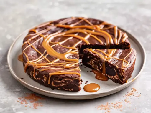 En saftig kladdkaka med ett härligt mönster, toppad med en generös glasyr av dulce de leche.