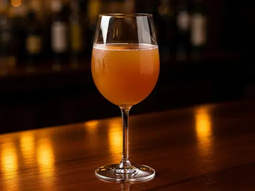 Ett glas med en gyllene, bubblig dryck. Perfekt för ett somrigt sangria recept.