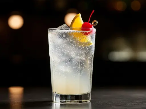 En uppfriskande Tom Collins med citron och körsbär, en klassiker bland drinkvarianter.
