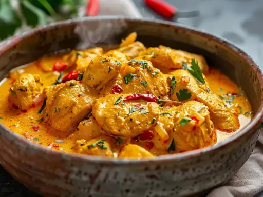En krämig kyckling curry med bitar av kyckling i en gyllene sås, toppad med färsk persilja och chili.