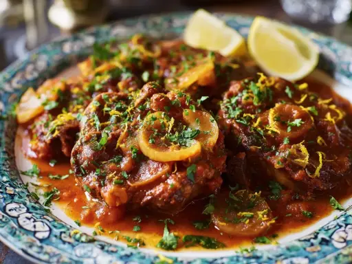 En tallrik med mustig osso buco, garnerad med citron och persilja.