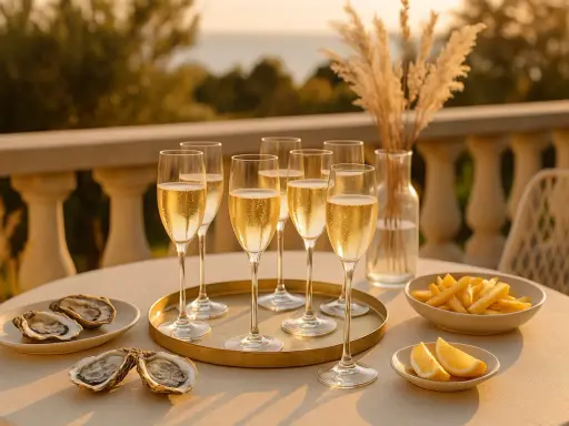 Ett perfekt tillfälle för ostron till champagne. Glas med bubblande dryck, färska ostron och citronklyftor på ett solbelyst bord.