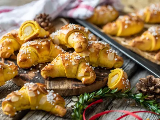 Fredriks fika: gyllene saffransbullar med mandelmassa, toppade med pärlsocker och mandelflagor. En härlig juldoft sprider sig.
