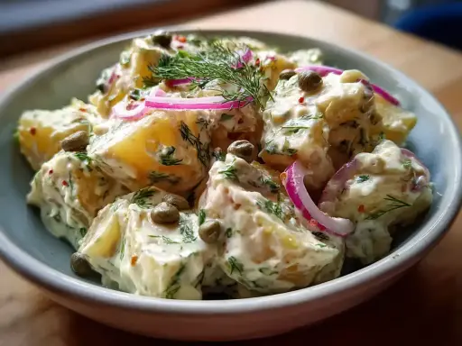 Krämig potatissallad med dill, kapris och rödlök. Perfekt som tillbehör gott till grillat.