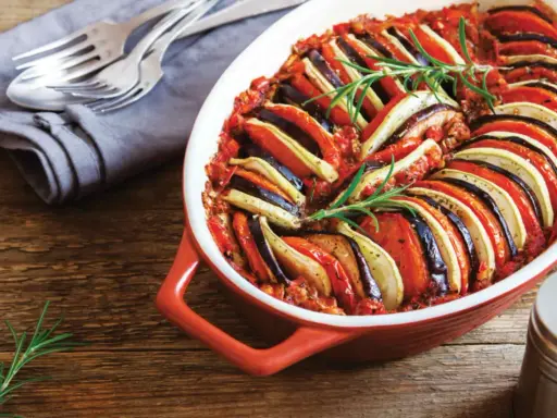 En vackert upplagd ratatouille i en ugnsform, perfekt för en nyttig middag. Grönsakerna är skivade och arrangerade i ett mönster, toppad med rosmarin.