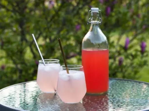En flaska och två glas med rosa rabarbersaft står på ett glasbord utomhus. Perfekt för ett enkelt rabarbersaft recept.