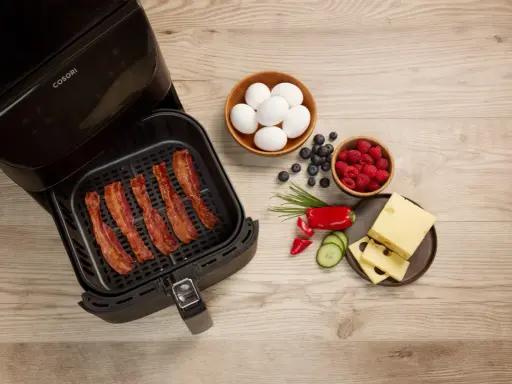 Krispigt bacon i airfryer, redo för en god frukost med ägg, bär och ost.