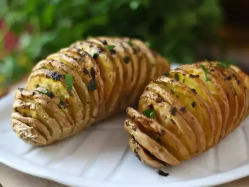 Två gyllene hasselbackspotatisar med örter, redo att serveras. Ett perfekt hasselbackspotatis recept för middagen.