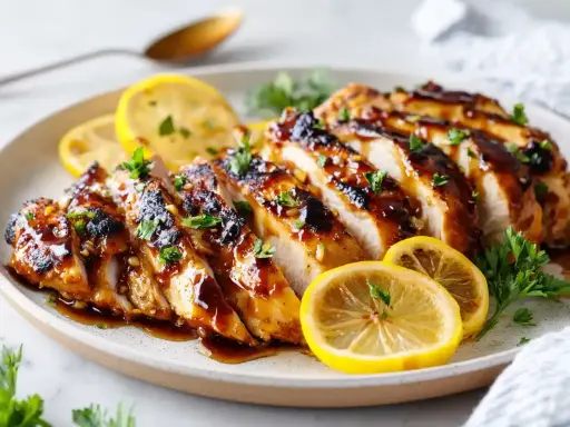 Skivad, glaserad marinad kyckling med citron och persilja. Ser utsökt ut!