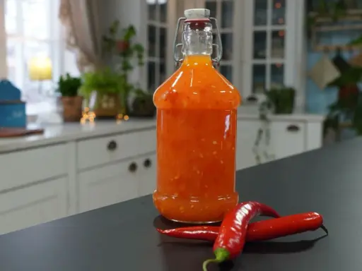 En flaska med hemgjord sweet chili sås står på en mörk bänk, med två röda chilifrukter bredvid.
