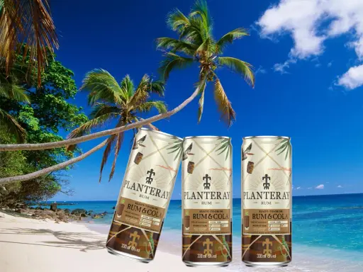 Tre burkar rom och cola står på en tropisk strand med palmer och blå himmel.