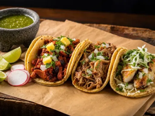 Tre läckra tacos med olika fyllningar, en skål med grön sås och limeklyftor. En härlig måltid med mexikansk mat.