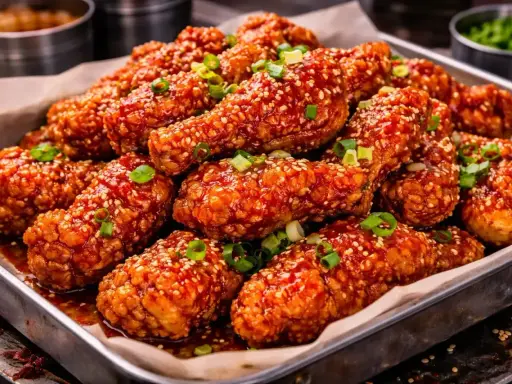 Krispiga kycklingvingar med en söt och kryddig glaze, toppade med sesamfrön och salladslök. Ett perfekt recept på korean fried chicken!