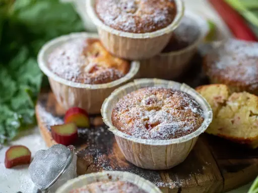 Fredriks fika: fluffiga rabarbermuffins pudrade med florsocker, med färsk rabarber och gröna blad i bakgrunden.