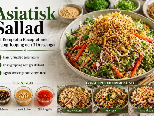 En stor skål med en färgstark asiatisk sallad toppad med krispiga ingredienser. Tre små skålar med dressingar syns bredvid.