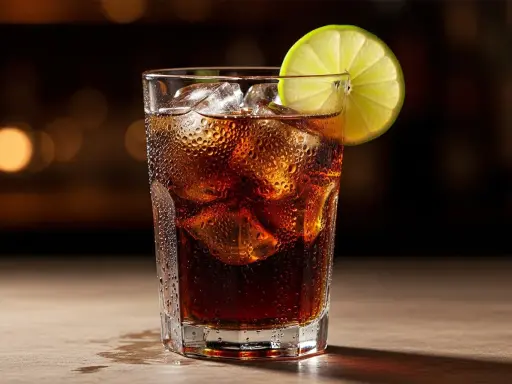 En svalkande cuba libre drink med is och en limeklyfta, perfekt för en varm kväll.
