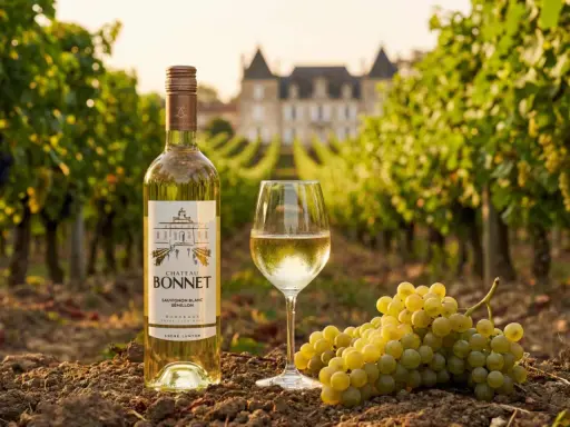 En flaska och ett glas vitt vin, druvor och en vingård. Sauvignon blanc passar till fisk och skaldjur.