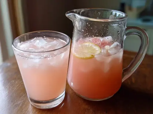 En glas och en karaff med rosa rabarbersirap drink fylld med is och citronskivor.