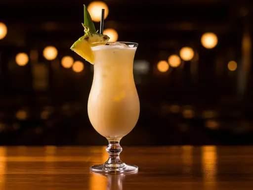En krämig virgin piña colada, dekorerad med ananas och ett sugrör, står på en träbar med bokeh-ljus i bakgrunden.