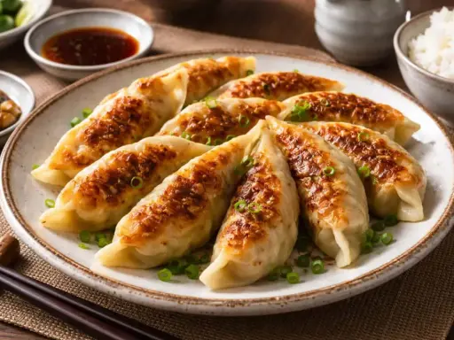 Gyldene, stekpanne-stekte dumplings, pyntet med vårløk. Perfekt for et enkelt dumplings recept. Serveres med dipp og ris.