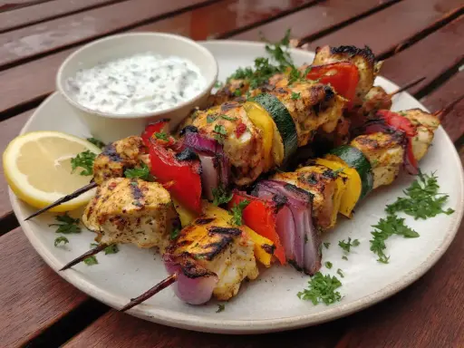Grillspett med kyckling, paprika, lök och zucchini. Serveras med en yoghurtsås och citronklyfta. Ett perfekt grillspett recept för sommaren.