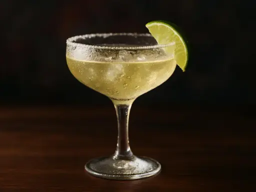 En kyld margarita med saltkant och limeklyfta. Perfekt för ett enkelt margarita recept.