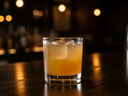 En kyld, gyllene drink med is på en mörk bardisk. En perfekt spicy margarita för en kväll ute.