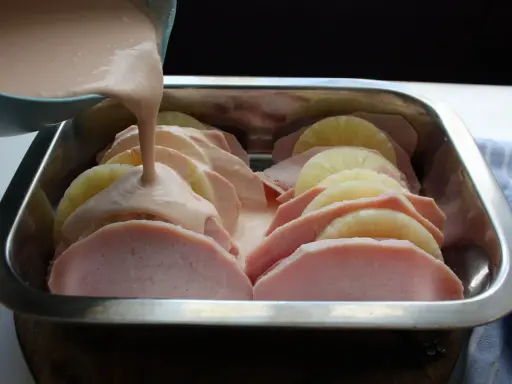 Kassler med ananas förbereds i en ugnsform. En krämig sås hälls över skivorna av kassler och ananas.