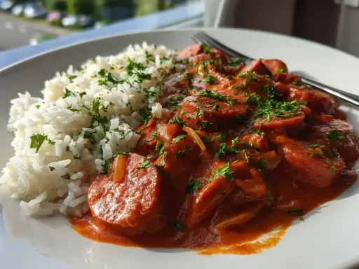 En tallrik med fluffigt ris och en krämig korv stroganoff, toppad med persilja. Perfekt för en god middag!