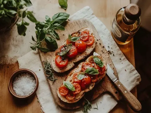 Två skivor rostat bröd med tomater och basilika, redo att avnjutas som ett enkelt bruschetta recept. En flaska olivolja och en skål flingsalt finns i närheten.