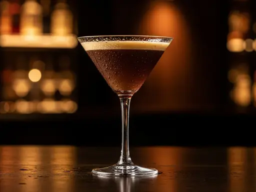 En svalkande alkoholfri espresso martini med krämig skumtopp, perfekt för en kväll på stan.