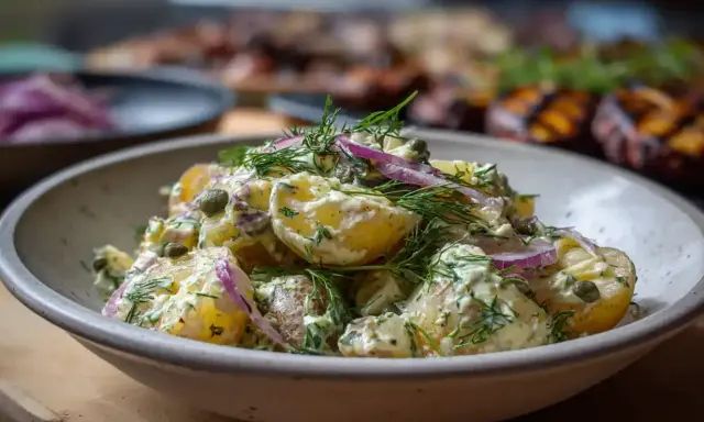 Krämig potatissallad med dill och rödlök, perfekt som tillbehör till grillat.