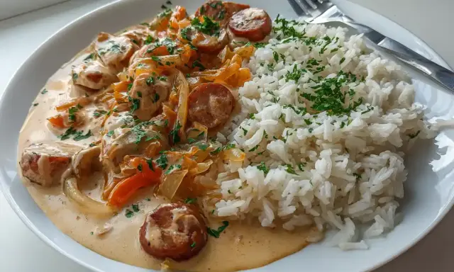 En krämig korv stroganoff med skivad korv, lök och paprika, serverad med fluffigt ris och strödd persilja. En klassisk svensk rätt.