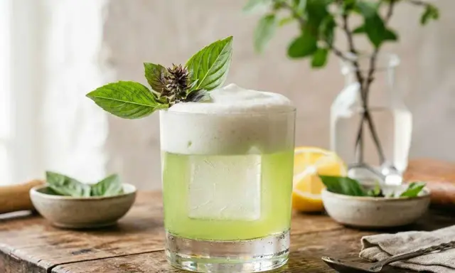 En uppfriskande thai basil drink med skummig topp, garnerad med färska basilika. En perfekt sommardrink.