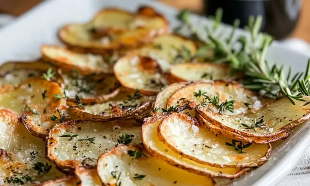 Råstekt potatis i ugn, krispiga skivor med örter och flingsalt. Perfekt tillbehör som doftar ljuvligt.