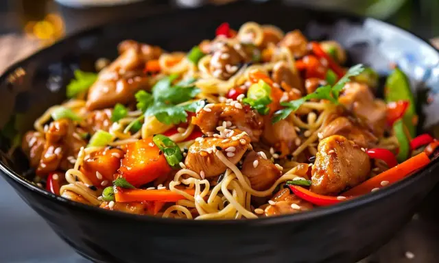 En läcker kyckling wok med nudlar, grönsaker och sesamfrön i en svart skål.