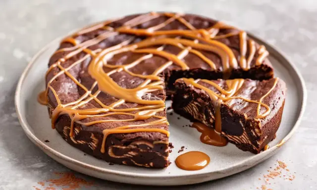 En saftig kladdkaka med ett härligt mönster, toppad med en generös glasyr av dulce de leche.