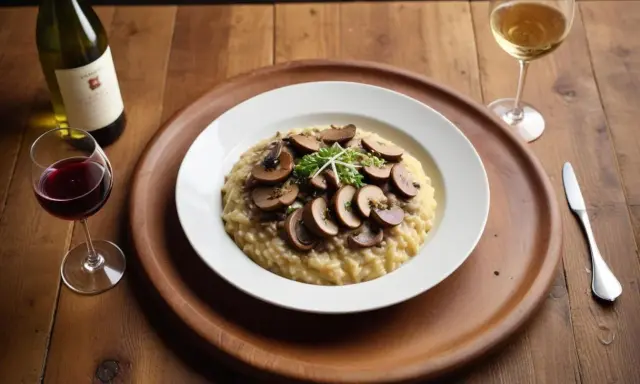 En krämig svamprisotto med skivade champinjoner och en gästfri vin till svamprisotto.