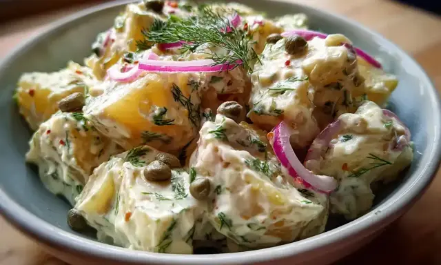 Krämig potatissallad med dill, kapris och rödlök. Perfekt som tillbehör gott till grillat.