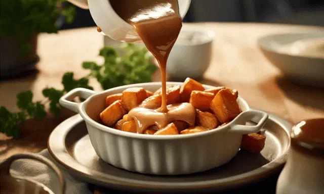 Brunsås hälls över potatisbitar i en vit skål. Ett perfekt brunsås recept för en god middag.