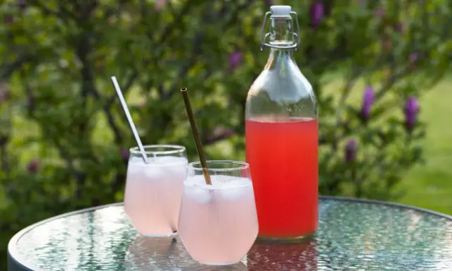 En flaska och två glas med rosa rabarbersaft står på ett glasbord utomhus. Perfekt för ett enkelt rabarbersaft recept.