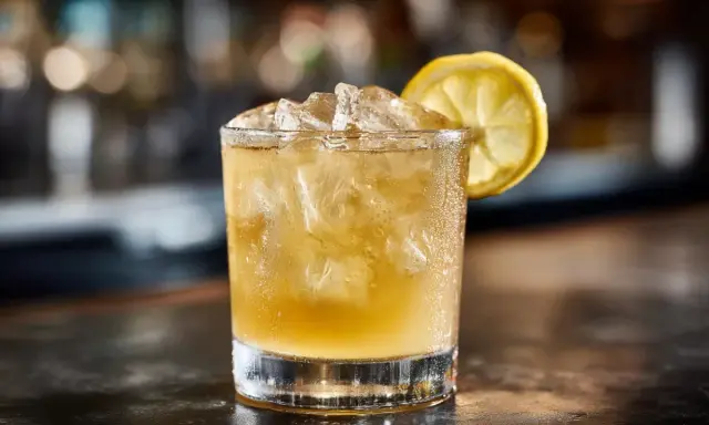 En kyld whiskey sour med is och en citronskiva, redo att avnjutas.