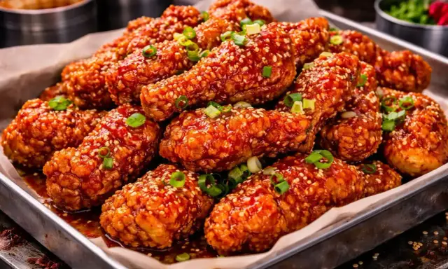 Krispiga kycklingvingar med en söt och kryddig glaze, toppade med sesamfrön och salladslök. Ett perfekt recept på korean fried chicken!